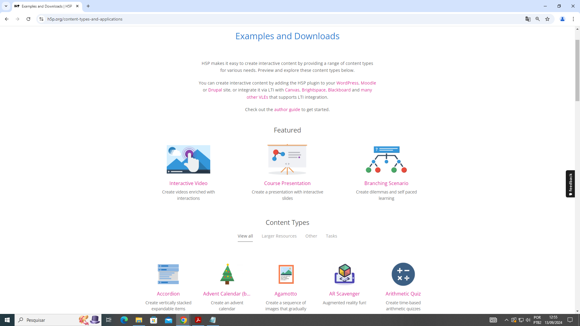 Página de exemplos e downloads de conteúdos H5P.